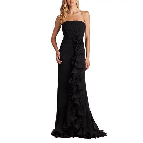 Tadashi Shoji Leith Cascading Gown Womens S Black Formal Elegant Glam Whimsical - Picture 1 of 11